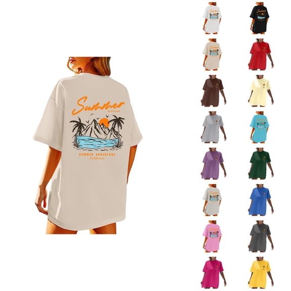 Tropical Beach T Shirts for Women 2026 Summer Casual Short Sleeve Crewneck Oversized Coconut Tree Graphic Tees