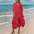 thumbnail image 4 of Xdegoge Women's Swimwear Cover Ups One Piece Button Down Short Sleeve Shirt Dress Tie Knot Front Flowy Beach outfits Summer Vacation Seaside Resort, 4 of 9