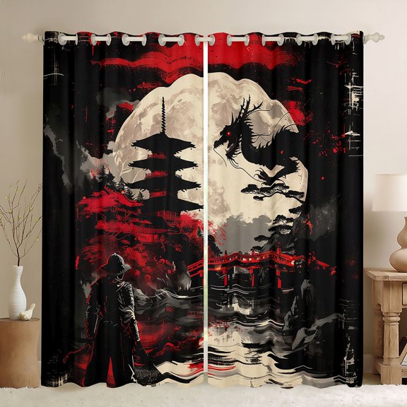 Castle Fairy Japanese Style Curtains Pack of 2 (42x84 Each) for Children Teens Boys Girls,Anime Samurai Curtains Blackout,Animal Dragon Bedroom Curtains,Super Cozy Room Decor