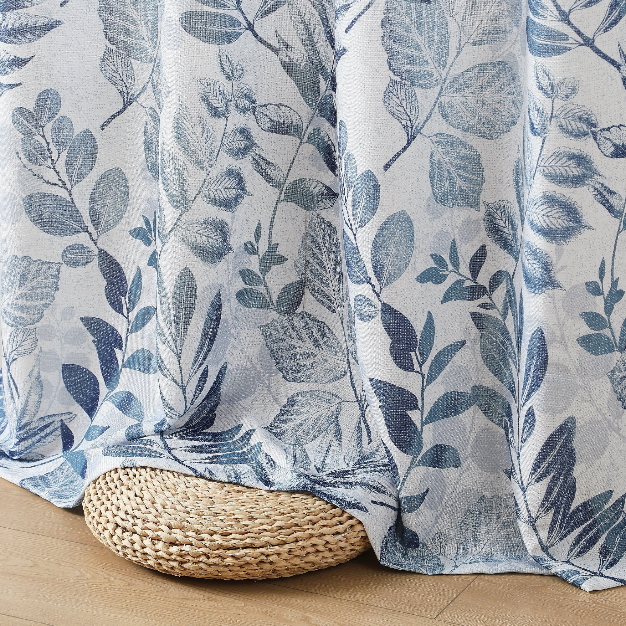 Bohogeo Linen Curtains for Living Room 84 inch Length Leaf Print Botanical Sheer Curtains Natural Texture Soft Touch Light Filtering Privacy Protect Drapes, Blue, 55" Wide, Set of 2 Panel