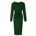 thumbnail image 5 of VSSSJ Women Plus Size Long Sleeve Belted Elegant Dresses Sexy V Neck Wrap Pure Color Split Party Cocktail Bodycon Midi Long Dress Green L, 5 of 7