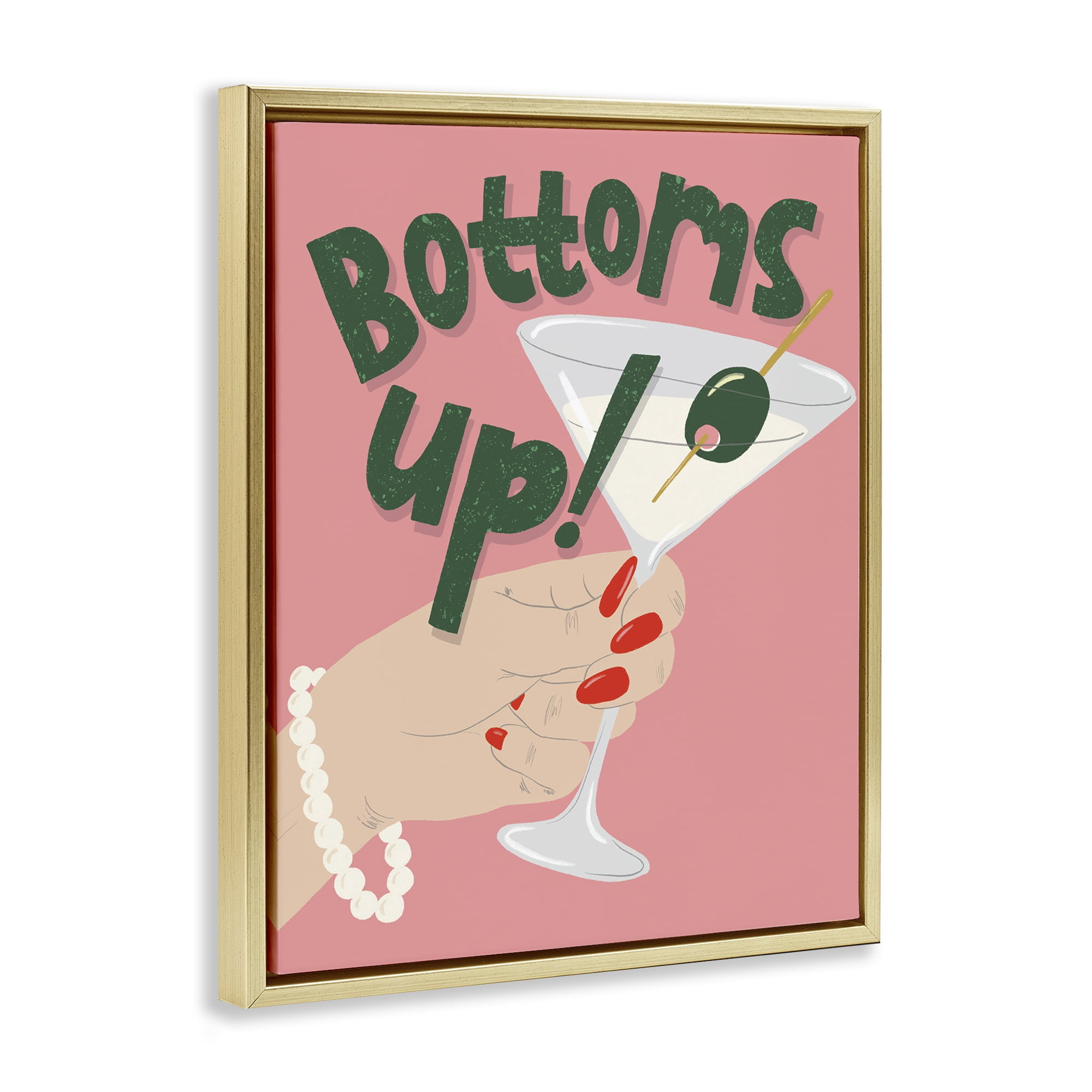 Stupell Industries Bottoms Up with Martini Food & Beverage Painting Gold Floater Framed Canvas Art Print Wall Art, 17 x 21