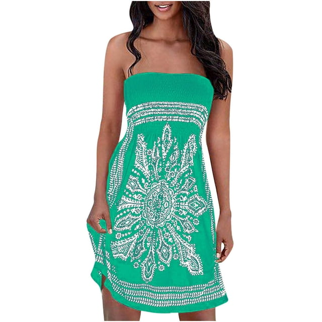 Fesfesfes Boho Robe pour les Femmes Plissé Tube Top Bustier Mini Robe Vintage Imprimé Floral Robe de Printemps Décontractée de la Robe de Plage Épaule