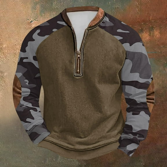 gbyLJF Quarter Zip Pullover for Men Midweight Camouflage Printed Round Neck Top Vintage Casual Long Sleeve Sweatshirts