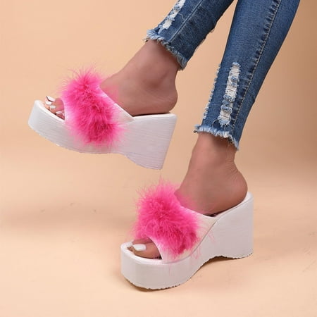 

Summer Saving Clearance! Tuobarr Women s Wedge Sandals Women s Wedge-Heeled Plush Slippers High-Heeled Shoes Platform Beach Sandals Hot Pink US Size 9.5