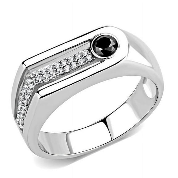 Alamode DA286-12 Men High Polished Stainless Steel Ring with AAA Grade CZ in Black Diamond - Size 12