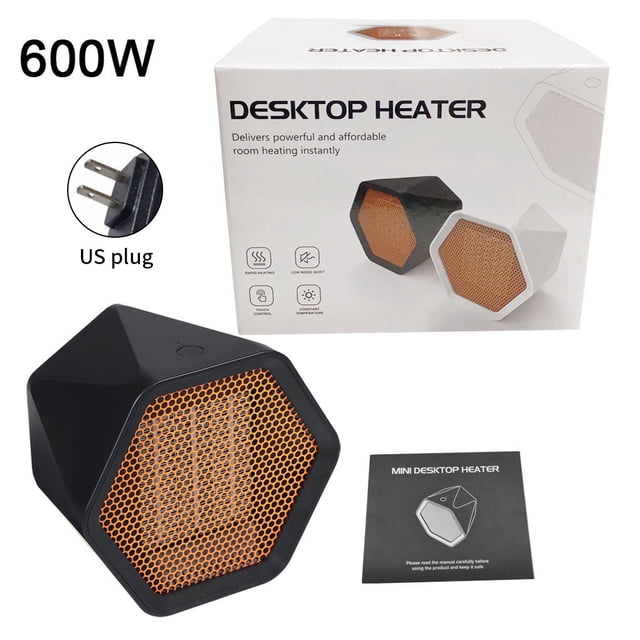 Calentador de espacio Mini Hexágono Ventilador de calefacción eléctrico portátil de cerámica para oficina en casa, 600 W, Negro, Enchufe de EE. UU. tholdsy HA000124-01B