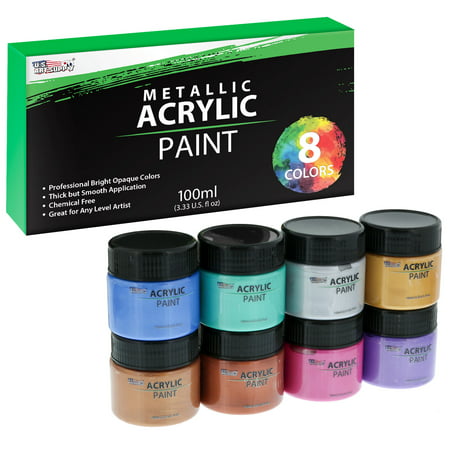 U.S. Art Supply 8 Color Metallic Acrylic Paint Jar Set 100ml Bottles (3.33 fl oz) - Professional Artist Bright