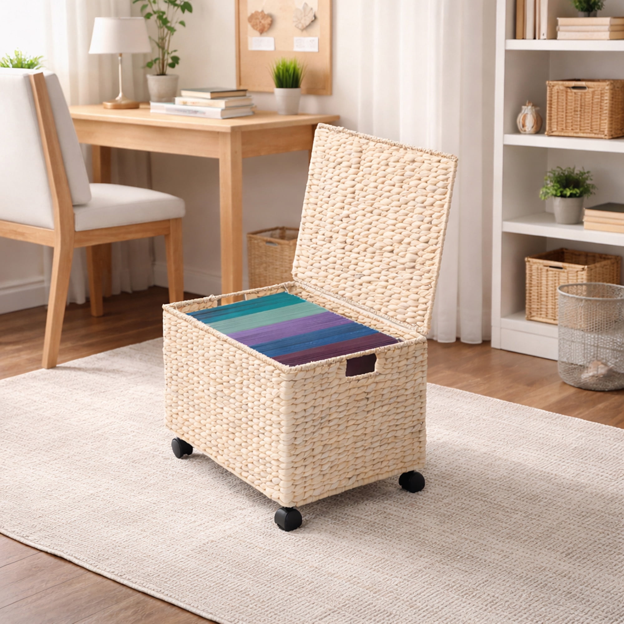 Casafield Rolling Filing Cabinet, Whitewash - Water Hyacinth Hanging File Folder Organizer, Home Office Storage