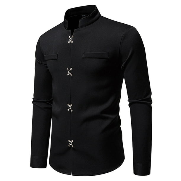 Blusa y camisa de manga larga con cuello vuelto para hombre, informal, a la moda, con botones sólidos, de poliéster, de manga larga y cuello vuelto.