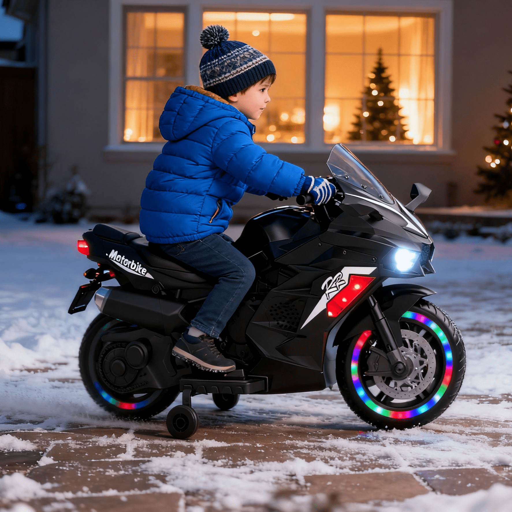 Werseon 12V Motorcycle Ride on Toy for Kids Ages 3+, Rechargeable Motorcycle with LED Light & Training Wheels, up to 90lbs, Black
