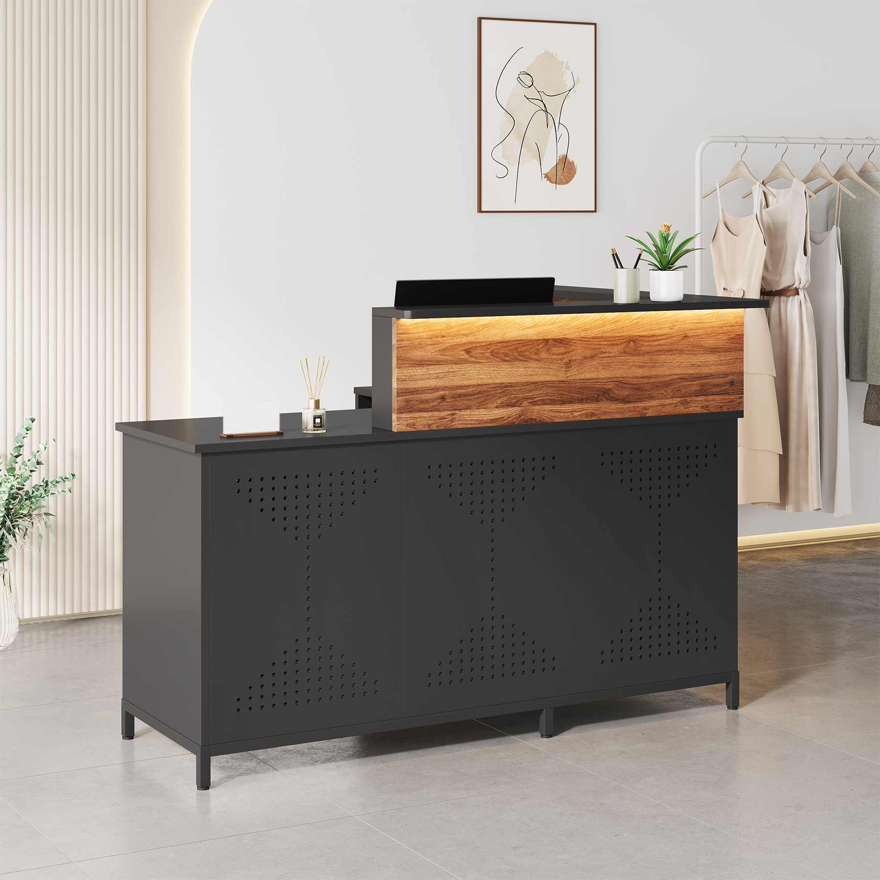 Condemo 60'' L-Shaped Reception Desk with LED Lights, Modern Front Desk, Checkout Counter Table for Office, Lobby, Cafe, Beauty Salon, Black and Walnut