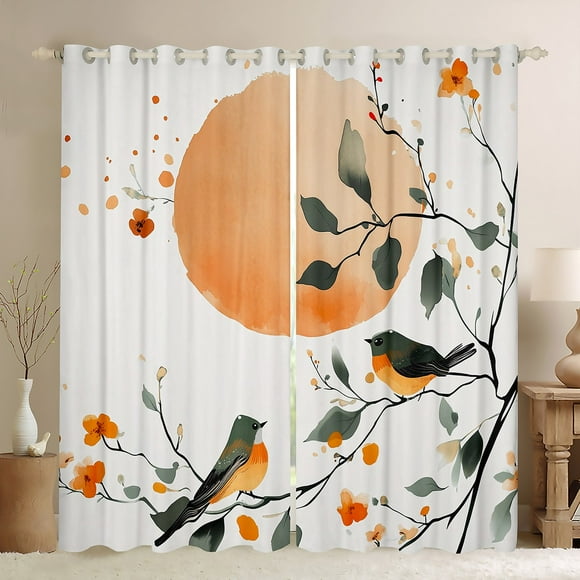 Feelyou Farmhouse Branches Bird Curtains Pack of 2 (42x84 Each), Orange Watercolor Moon Curtains Blackout, Japanese Style Bedroom Curtains, Curtains and Drapes Home Decor