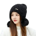thumbnail image 2 of Women Winter Cover Ears Beanie Hat Plush Keep Warm Fluffy Ear Protection Ear Ski Snow Hats Knit Fleece Lined with 3 Pom Pom, 2 of 6