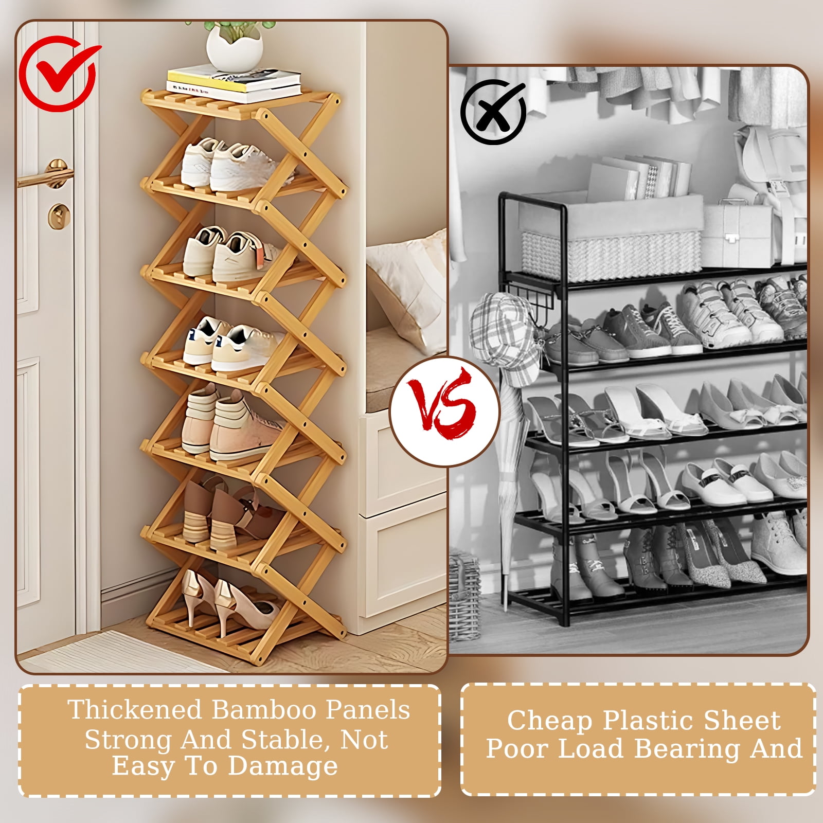 JUANYU Shoes Rack Organizer,Multi Tier Wooden Foldable Storage Rack for Home Shoe Storage with Durable Cross Structure,7-Tier,Natural