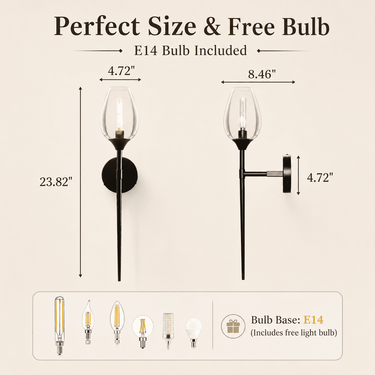 Laybasic 23.8" Modern Glass Wall Sconce Set of 2 with E14 LED Bulb Included, Elegant Wine Glass Shade Bathroom Vanity Light, Black Finish Decorative Wall Lamp for Bedroom Living Room Hallway Mirror