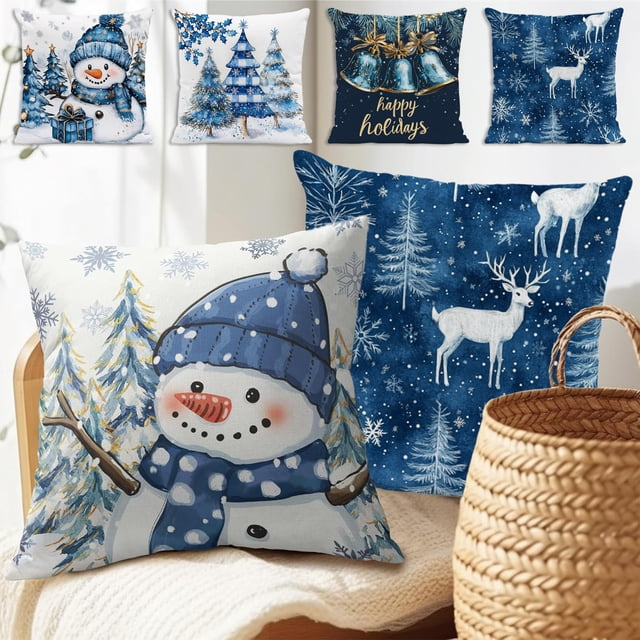 Funda de Almohada Navideña con Muñeco de Nieve de Invierno, 45X45 Cm, de Lino | Multicolor, para Sofá Cama | 1 Pieza | Tamaño: 45X45 Cm | Ligera y Resistente | Cierre de Cremallera Oculta | Lavable a