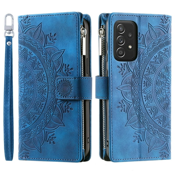 Jiahe Cover Case for Samsung Galaxy A53 5G,Embossed PU Leather Zipper Pocket Magnetic Flip Holder ID Credit Card Slots Wallet Phone Case with Crossbody Detachable Shoulder Strap, Blue