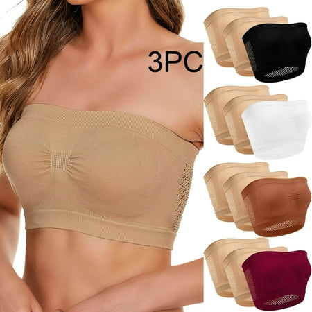 Dazajoo 3 PCs Womens Padded Bandeau Sports Tube Top Bra Strapless Wireless Solid Seamless Yoga Workout Bralette Breathable Comdy Daily Underwear for Women 2025 Prime Today Brown S