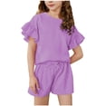 thumbnail image 2 of MKOSPLRT 3-15 Years Athletic Outfits for Girl Ruffle Sleeve Tops and Elastic Waist Drawstring Shorts Solid Baggy Running Sweatsuits 2 Piece, 2 of 9