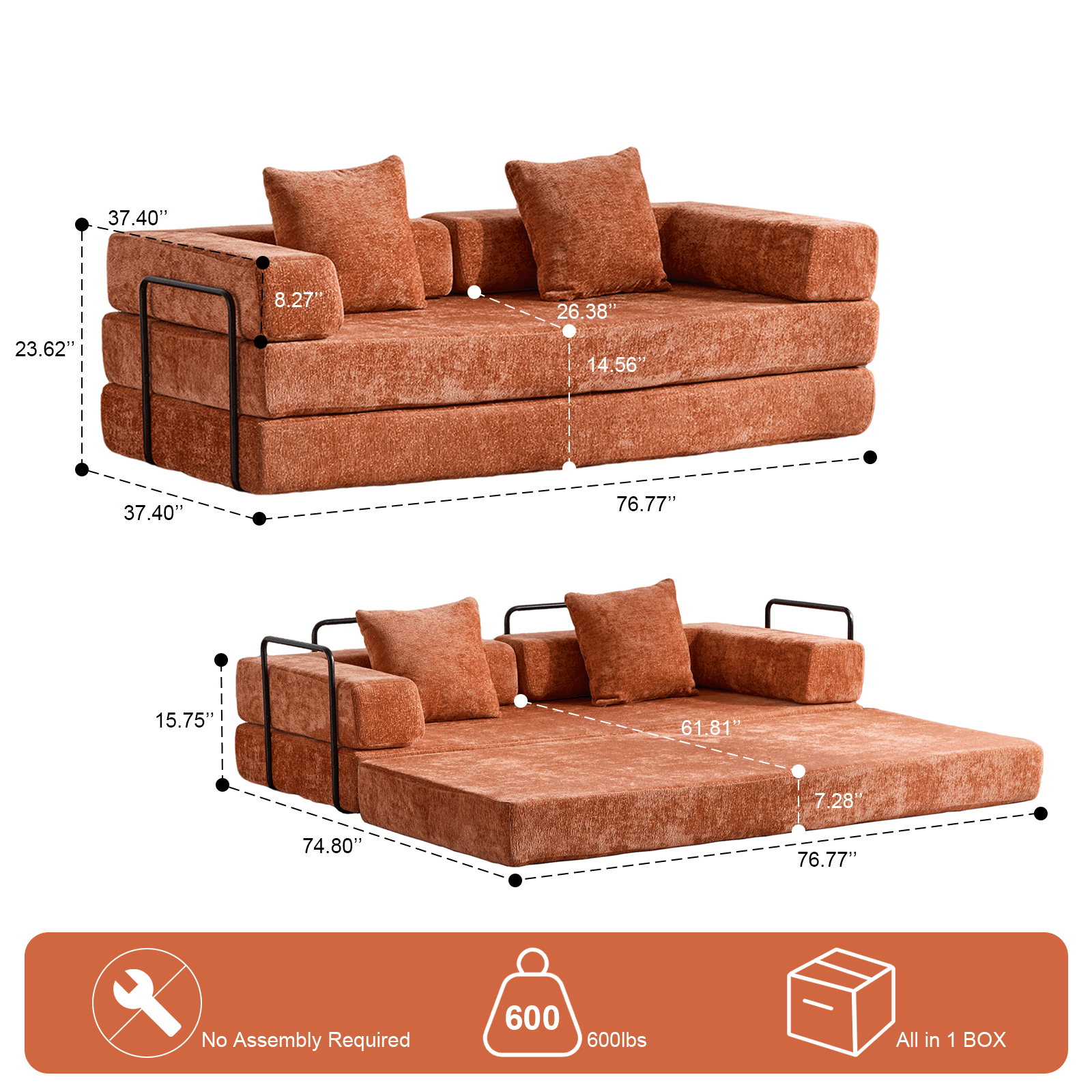 BSHTI Convertible Sofa Bed with Pillows, Chenille Folding Floor Sofa, High Rebound Density Sponge Boneless Couch for Living Room Bedroom Apartment Office, No Assembly Required, Orange