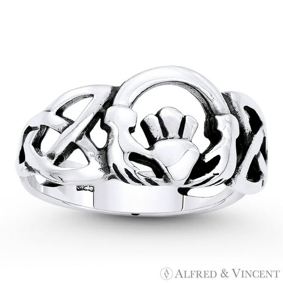Irish Claddagh Heart & Triquetra Celtic Knot Charm Ring in Oxidized .925 Sterling Silver