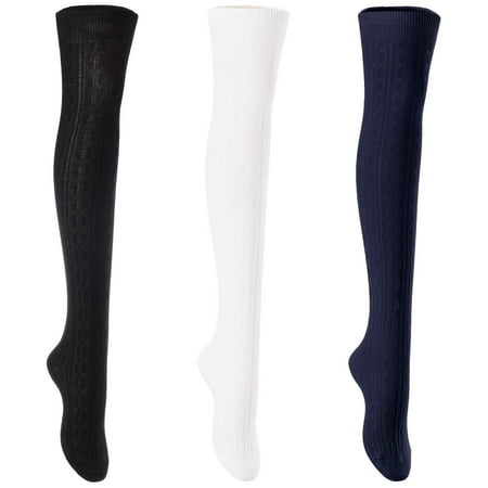 3 Pairs Awesome Women Thigh High Cotton Boot Socks. Durable Knee High Socks  Perfect As Winter & Spring Socks Size 6-9 T1024 Black Cream Navy