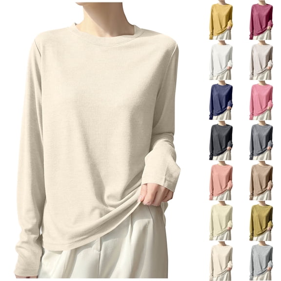 Lightweight Long Sleeve Tops for Women Zaewscy Women's Fashion Thin Solid Color Round Neck Long Sleeve Pullover Sweater Bottoming Coat Beige XL