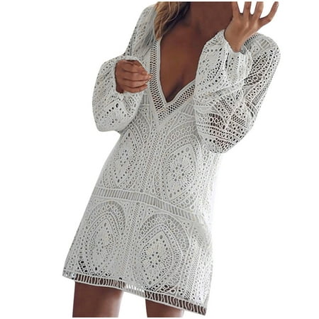 Fesfesfes Coverups for Women V-Neck Solid Color Hollow Out Beach Bikini Smock Swimsuit Blouse Cover Up