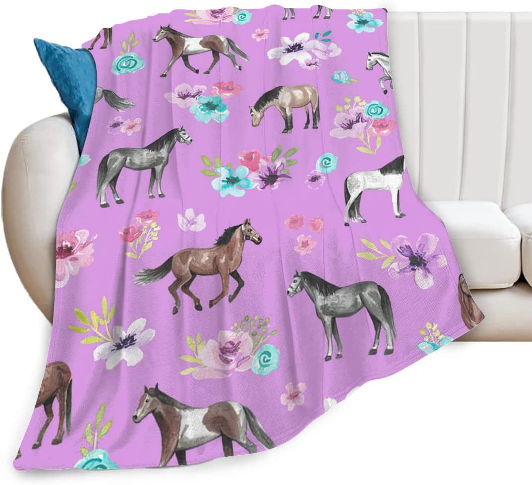 WISH TREE Horse Throw Blanket Super Soft Warm Floral Horse Blanket for Girls Kids, Cozy Plush