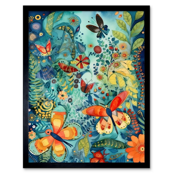 Butterfly Insects in Flower Field Modern Folk Art Art Print Framed Poster Wall Decor 12x16 inch