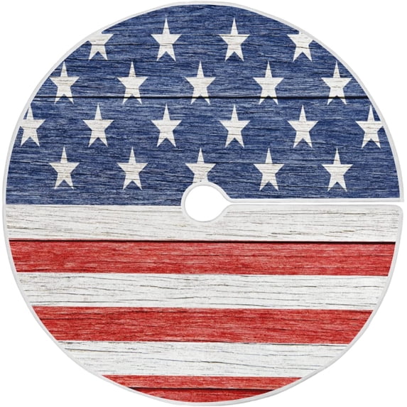 FMSHPON 4th of July Patriotic StarsStripes on Wood Xmas Christmas Tree Skirt Stand Mat for Holiday Party Decoration Indoor Outdoor 48 inches