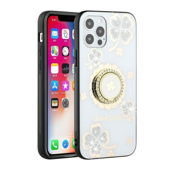 For Apple iPhone 13 (6.1") Diamond Bling Sparkly Glitter Ornaments Hybrid Armor with Ring Stand Holder Fashion Cover ,Xpm Phone Case [White Good Luck Floral]