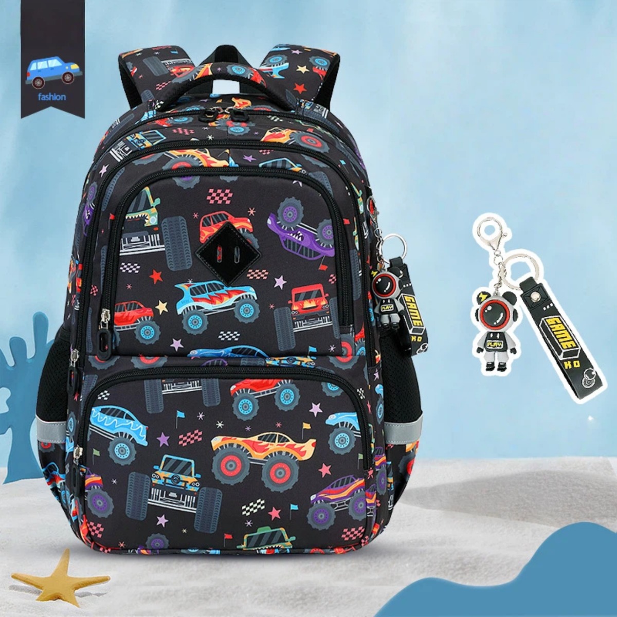 Mochila para niños con estampado de autos, para primaria, ligera, impermeable, para adolescentes, negra 4