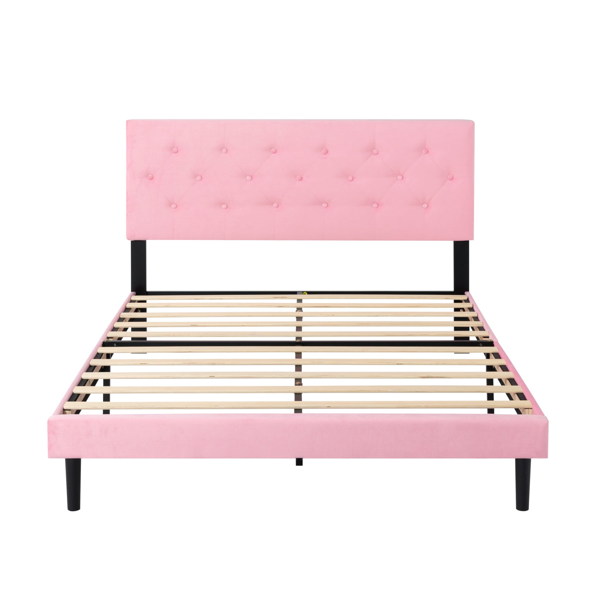 Gewnee Queen Size Bed Frame,Velvet Platform Bed with Upholstered Button Headboard,Modern Bedroom Furniture with Wood Support,No Box Spring Needed,Pink