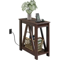 Narrow End Table with Charging Station of Open Storage Shelf，Sofa Side Table with 2 USB Ports and 2 Power Outlets，Slim Farmhouse End Table for Small Spaces，Bedroom, Living Room, Espresso
