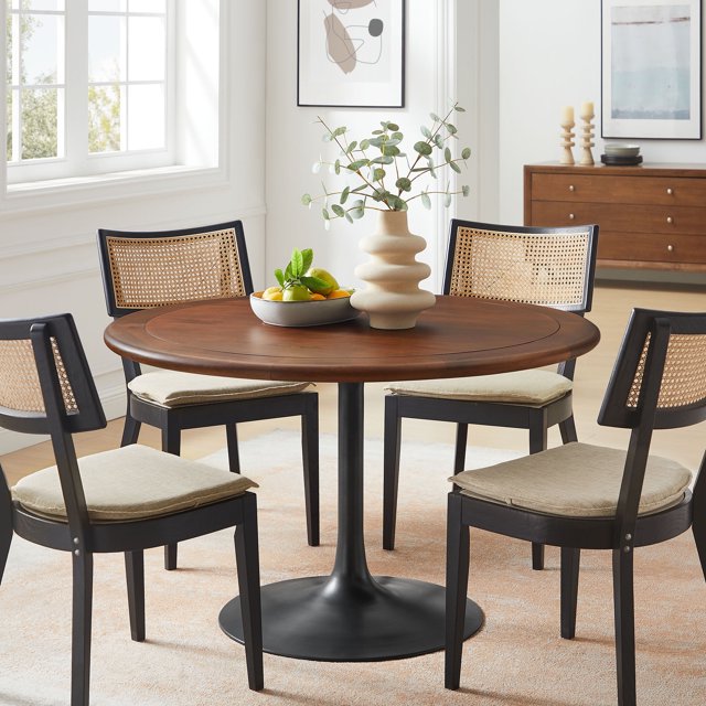 Modway Lippa 48" Round Pedestal Solid Wood and Metal Dining Table in Black Walnut