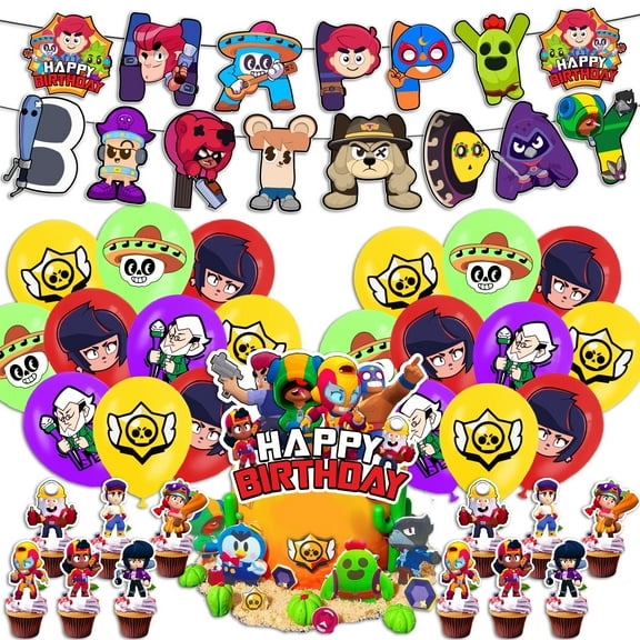 Brawl Stars Themed Birthday Party Decoration Set, 30pc Includes Banner, Cake Toppers, Balloons, and Cupcake Decorations.