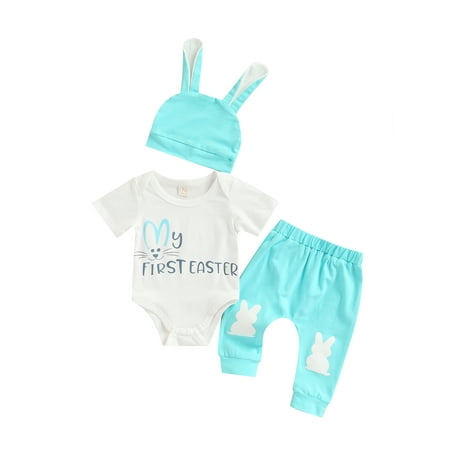 

Calsunbaby Easter Outfits for Newborn Baby Boys My First Easter Letter Print Bowtie Romper Top and Pants Clothes Sets 9-12 Months
