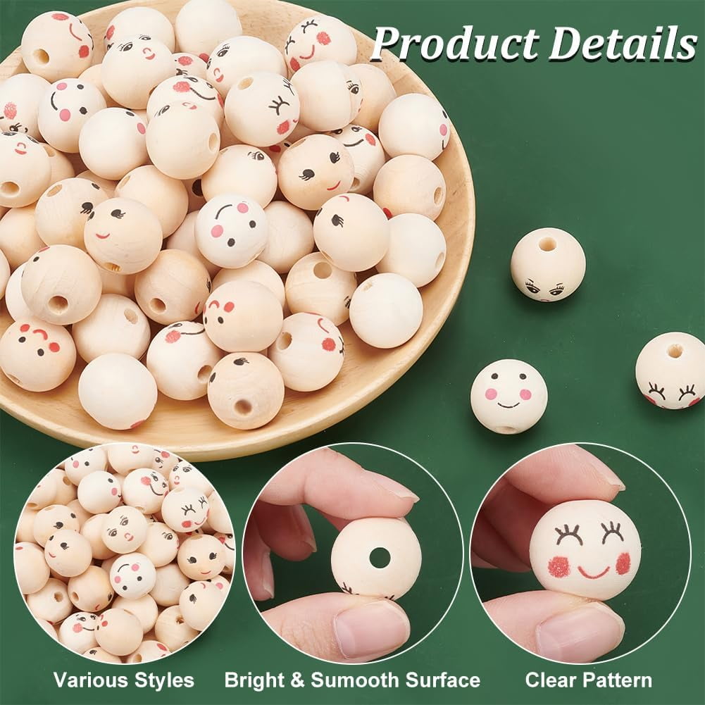 90pcs Smile Face Wooden Beads 6 Styles 20mm Natural Wood Beads Loose Beads Head Beads Spacer Beads for DIY Key Chain Bracelet Necklace Jewelry Macrame Hair Crafts, Hole 4.7mm