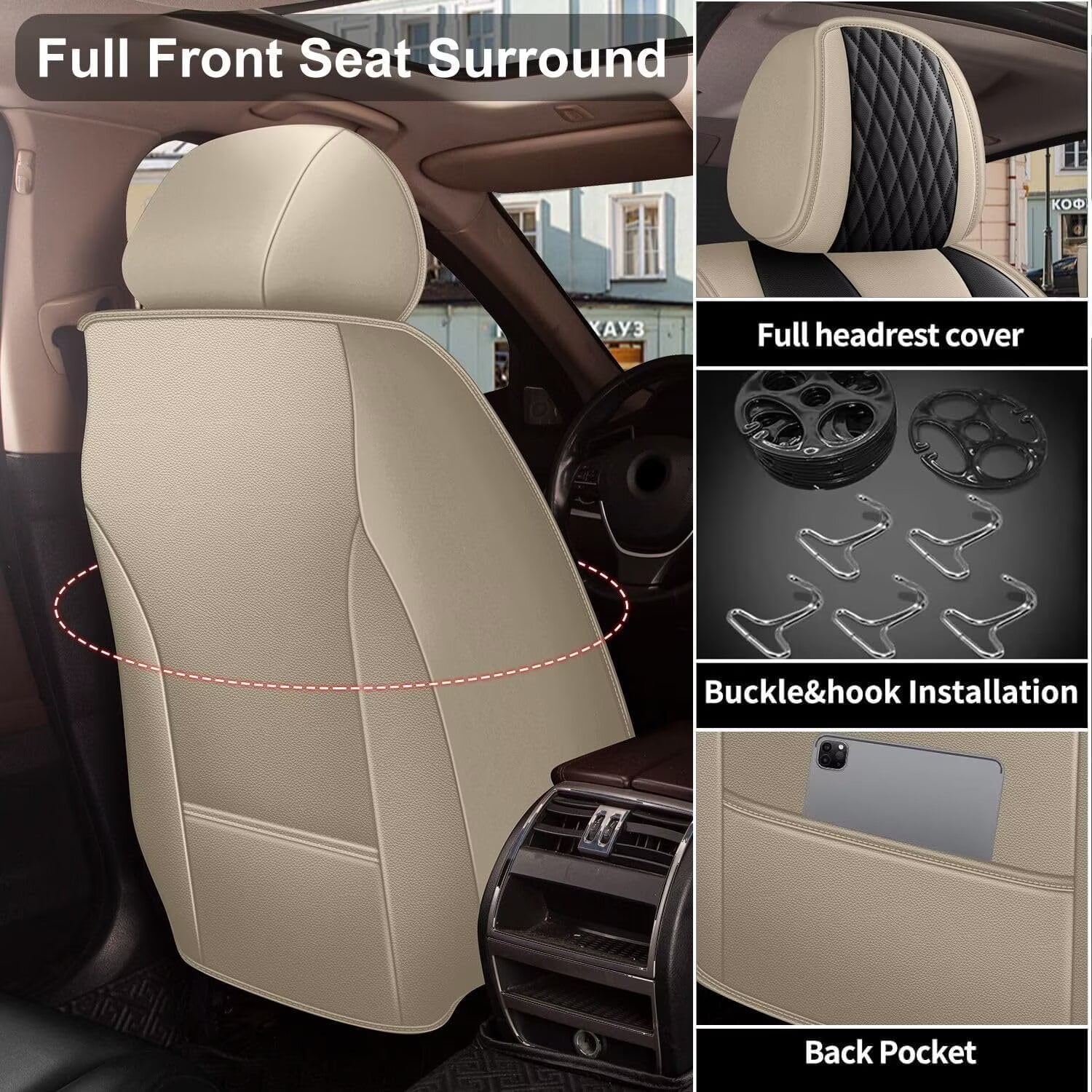 DIKSOAKR Car Seat Covers Full Set Fit for Toyota Tacoma 2016-2024: 5 Seat Auto Interior Accessories, Faux Leather Waterproof Car Seat Cushions Vehical Cover (Black&Beige)