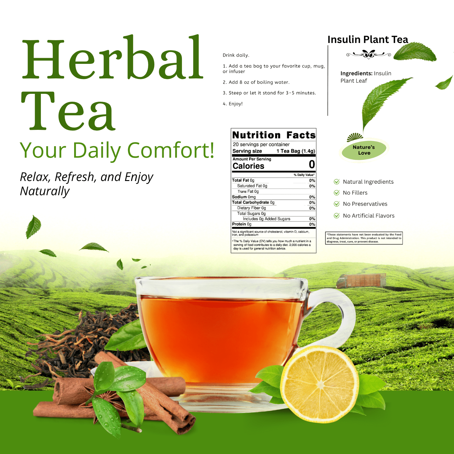 Insulin Plant Herbal Tea – 20 Tea Bags | 100% Costus igneus Leaf | Naturally Caffeine-Free | Herbsentia