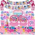 thumbnail image 2 of Juego de vajilla con temática de poni rosa para niños y niñas, servilleta, Taza y plato, suministros de decoración de recuerdo de fiesta, feliz cumpleaños y Baby Shower, 2 of 5