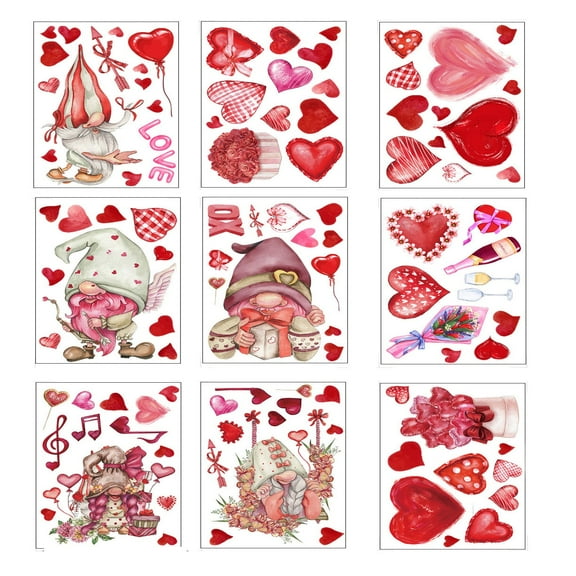 Valentine's Day Gnome Window Clings Decals Stickers 9-Piece Set With 9 Unique Heart Patterns And Gnome Characters, Removable Static Glass Decorations For Windows Doors With No