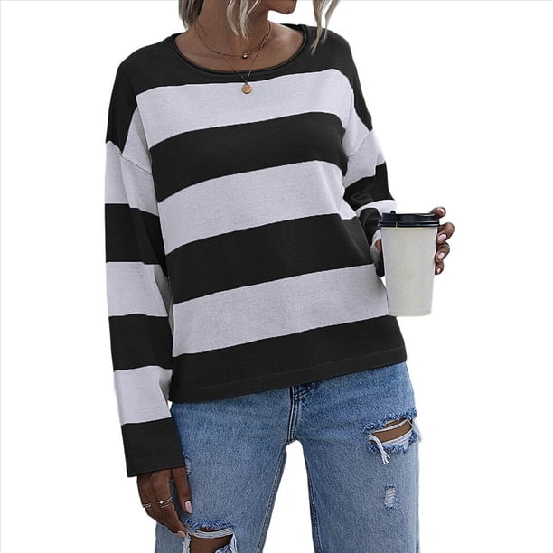 Camisas de Larga para Mujer, Blusas Casuales Holgadas A Rayas, Suéteres de Punto Negro L