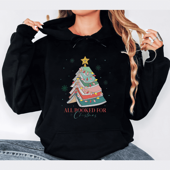 Women's All Booked For Christmas Graphic Tee T Shirt Top for Readers Hooded long-sleeved Black S-2XL