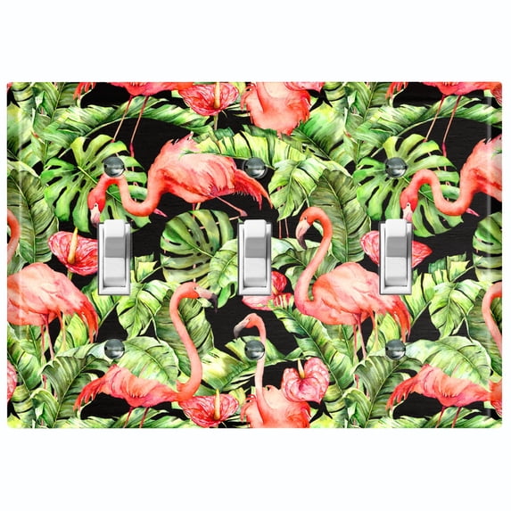 Metal Light Switch Plate Outlet Cover Tropical Pink Flamingo Flower Leaves FGO001