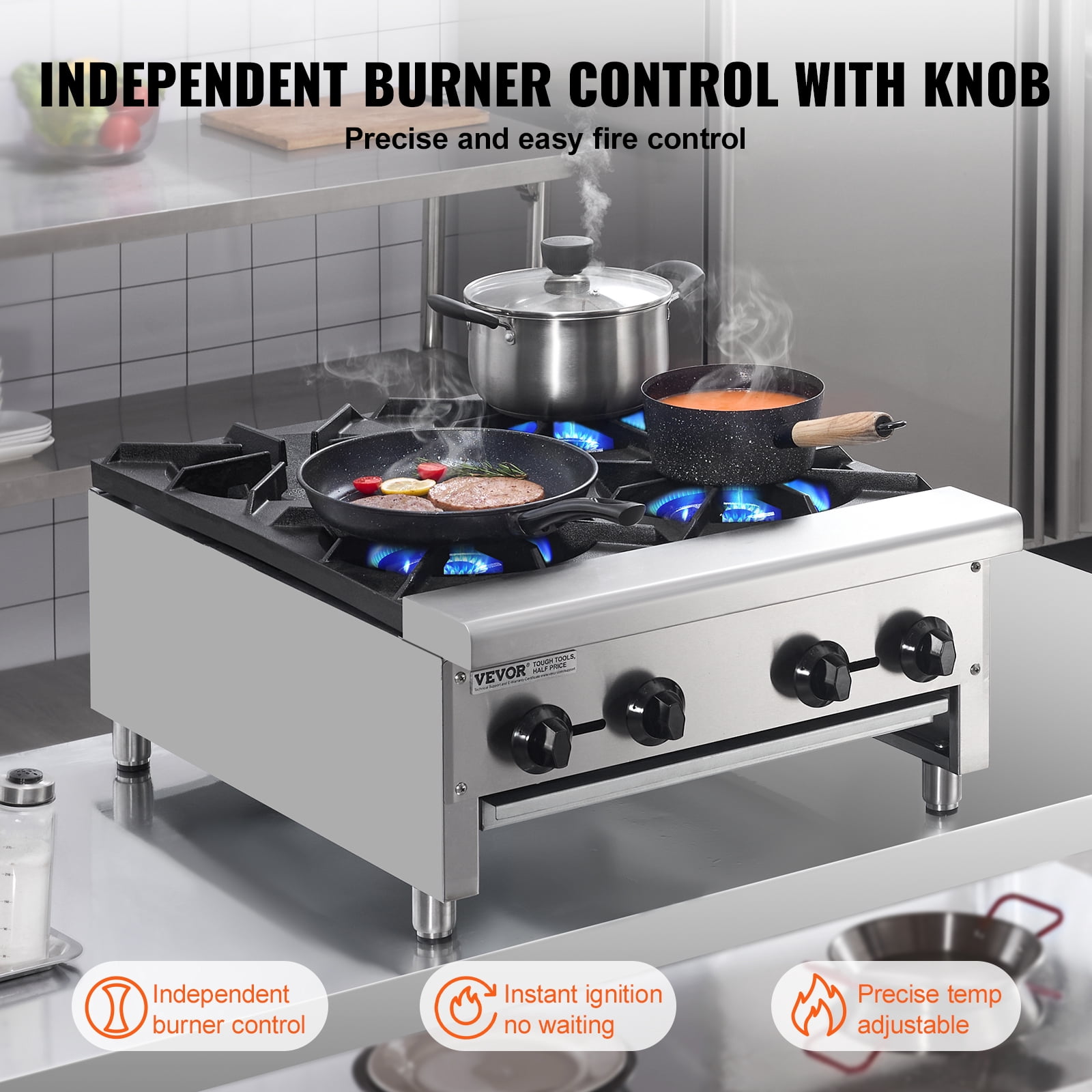 VEVOR Commercial Gas Stove with 4 Burners, Propane and Natural Gas Countertop Cooking Stove Range, Stainless Steel Gas Hot Plate, Commercial Cooking Equipment for Restaurant, 112,000 BTU