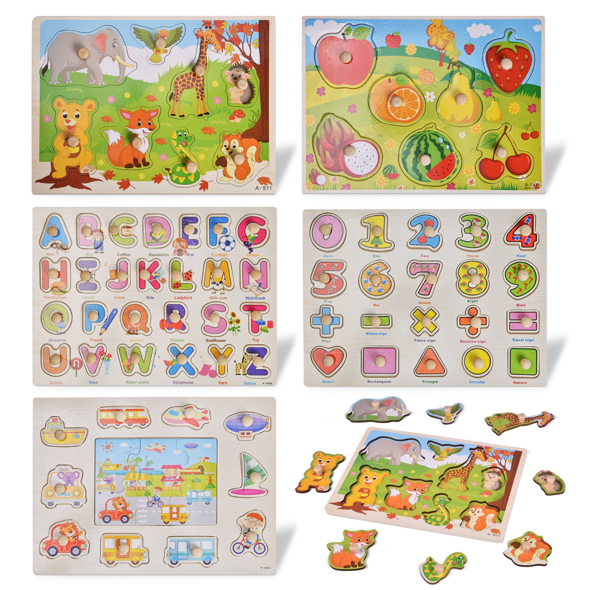 Pack of 7 Sets Kids/Toddler Peg Jigsaw Puzzle Baby Developmental Wooden Toy 