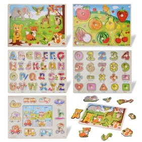 Fun Little Toys Wooden Peg Puzzles for Toddlers 2 3 Years Old, WOOD CITY Alphabet & Number Puzzles for Kids, 4 Pcs Toddler Puzzles Set - Letters, Numbers, Animals and Vehicles, Learning Toys
